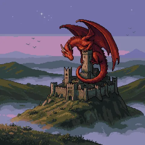 Red Dragon Guarding Ancient Castle