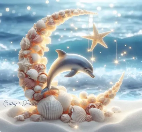 Seashell Crescent Moon With Leaping Dolphin and Stars