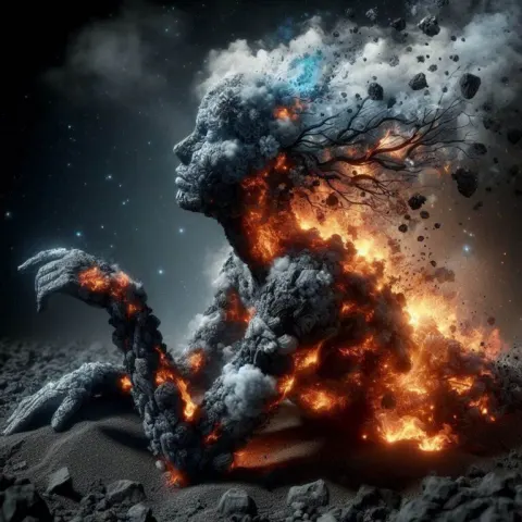 Magical Coal Human Figure With Fire and Smoke
