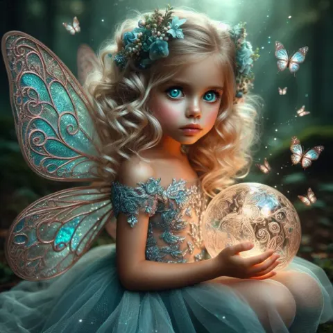 Fairy Girl With Teal Eyes Under Full Moon and Orbs