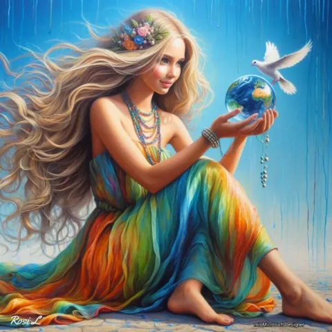 Blonde Woman in Rainbow Silk Dress Oil Painting