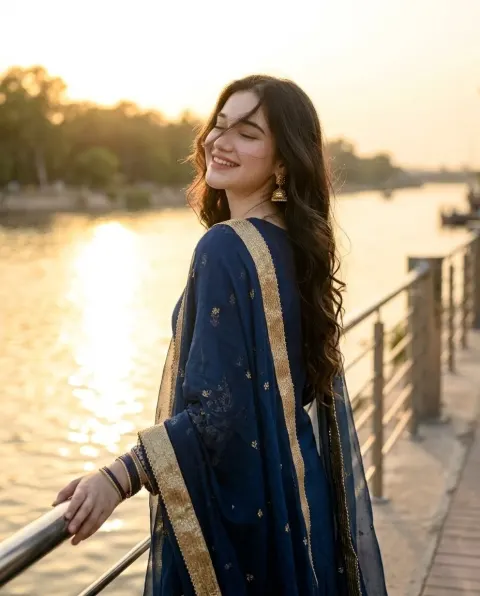 South Asian Woman Golden Hour River Portrait