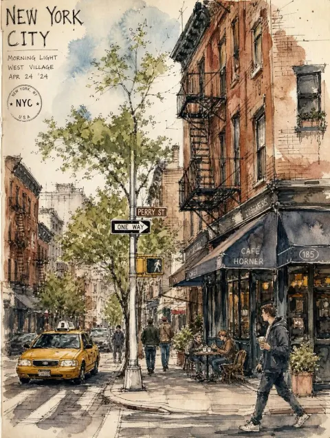 Vintage European Street Watercolor Sketch