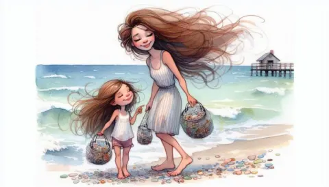 Mother and Daughter at Lake Michigan Caricature