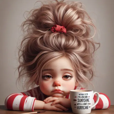 Sleepy Girl in Red Pajamas With Coffee Cup