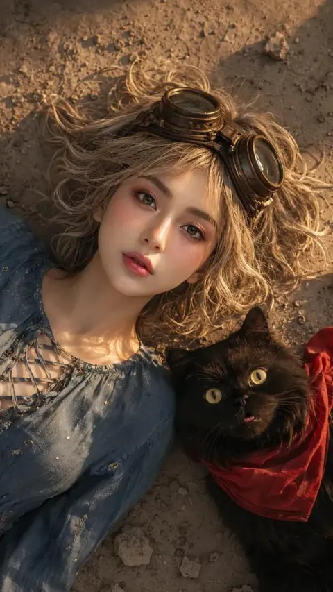 Girl and Cat Gazing Upward