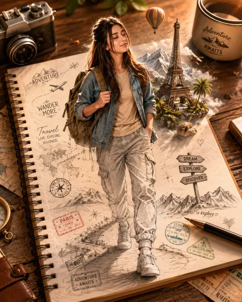 Traveler Emerging from Sketchbook