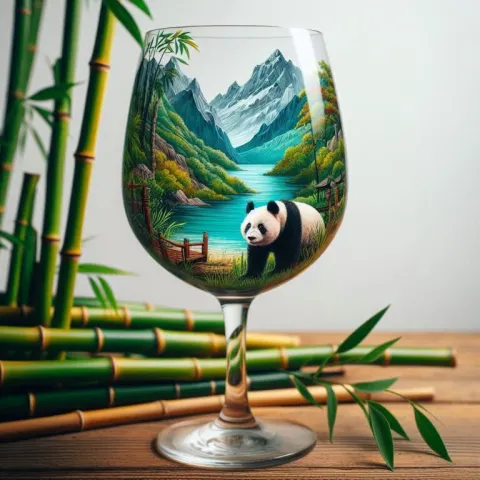 Panda and Bamboo Landscape Inside Wine Glass