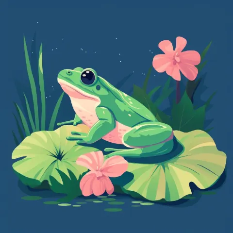 Frog on Lotus Leaf Minimalist Flat Illustration