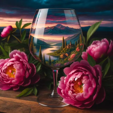 Castle Landscape in Wine Glass With Pink Peonies