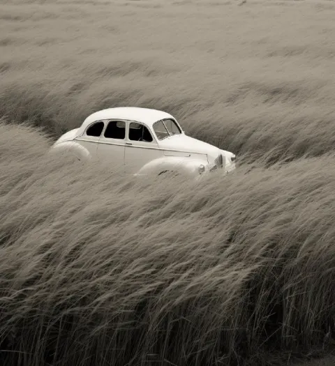 White Car on Grass Black and White Photo