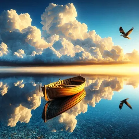 Wooden Rowboat on Calm Sea at Golden Sunrise