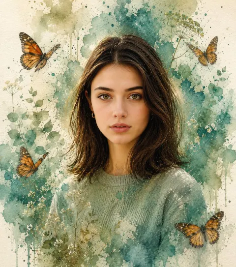 Dreamy Watercolor Butterfly Portrait Art