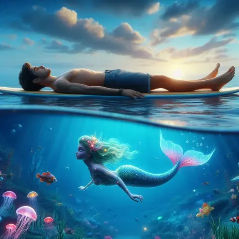 Man Lying on Surfboard Above Whimsical Deep Sea