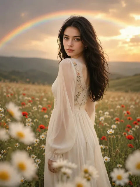 Ethereal Woman in Meadow Rainbow
