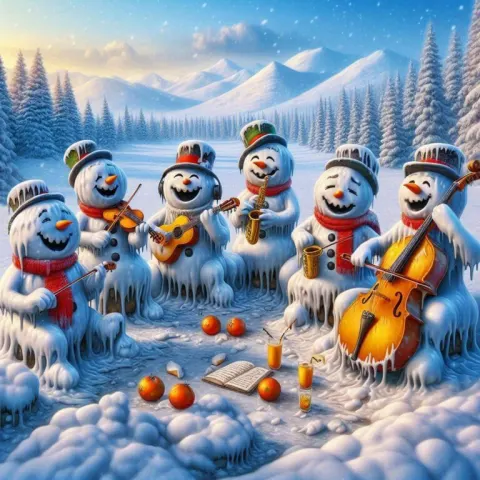 Melting Snowmen Band Caricature in Snowy Field