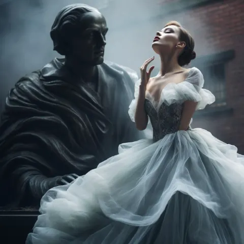 Woman in Tulle Gown Posing Beside Statue