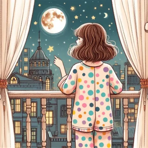 Webtoon Girl in Polka Dot Pajamas on Balcony