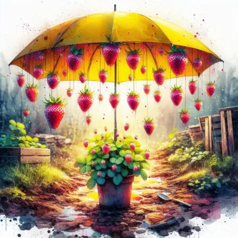 Yellow Umbrella Filled With Floating Strawberries