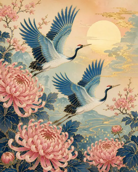 Cranes Among Chrysanthemums