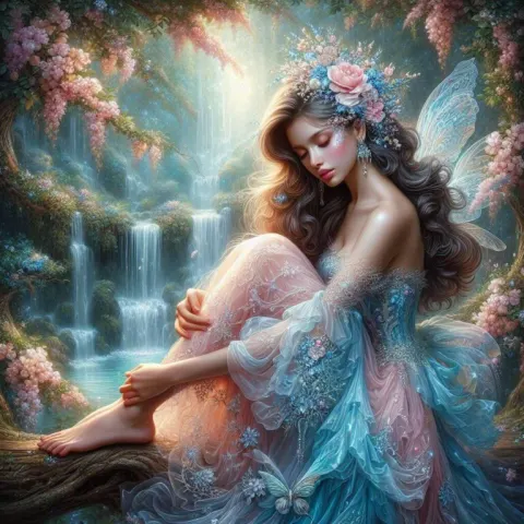 Fairy in Blue and Pastel Pink Dress Oil Painting