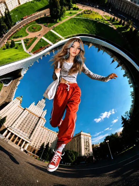 Surreal Floating Stadium Fashion Portrait