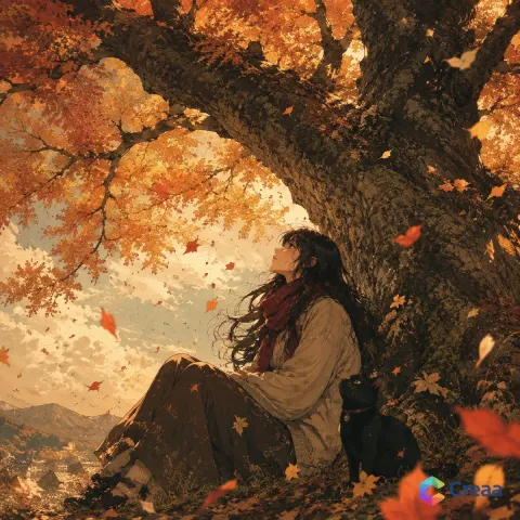 Cozy Autumn Girl and Cat Illustration