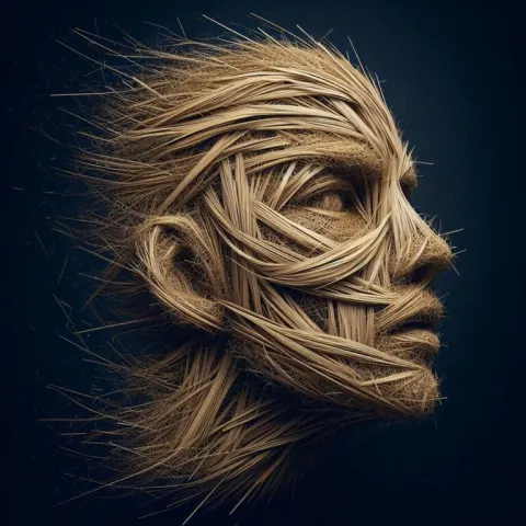 Human Face Made of Woven Straw and Hay