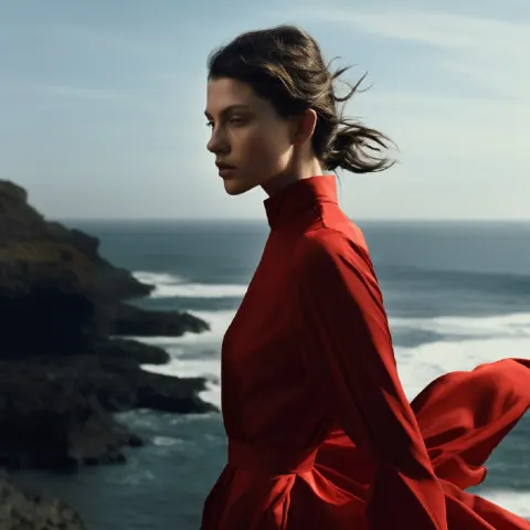 Model in Red Dress Ocean Fashion Editorial