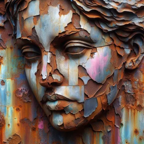 Rusted Iron Woman Face Sculpture Close-Up