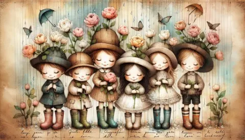 Five Children in Rain Boots Whimsical Illustration