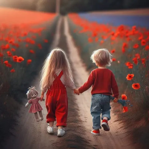 Girl and Boy Walking Down Wildflower Dirt Path