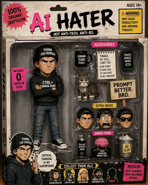 Satirical Anti-AI Action Figure Packaging