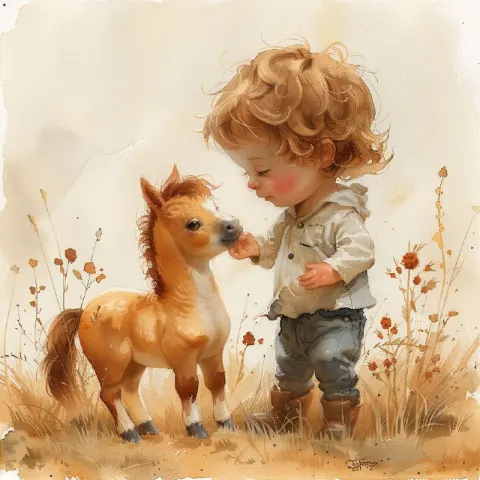 Redhead Boy Feeding Foal Watercolor Illustration