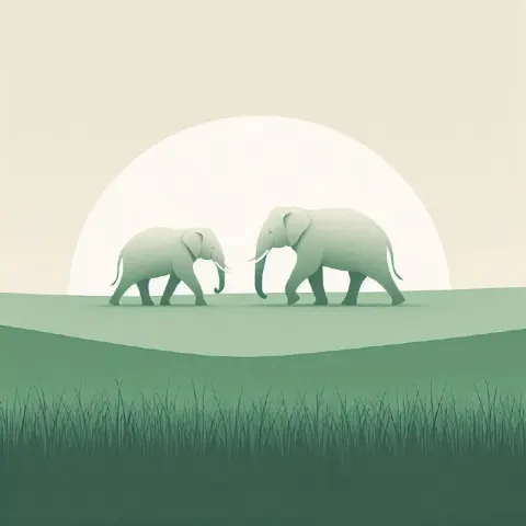 Two Elephants Walking Green Field Minimalist Art