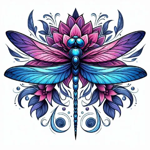 Art Nouveau Dragonfly and Flower Tattoo Design