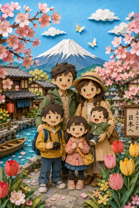 Cherry Blossom Paper Cut Family Portrait
