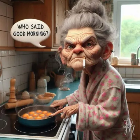Grumpy Elder Lady Cooking Breakfast Caricature