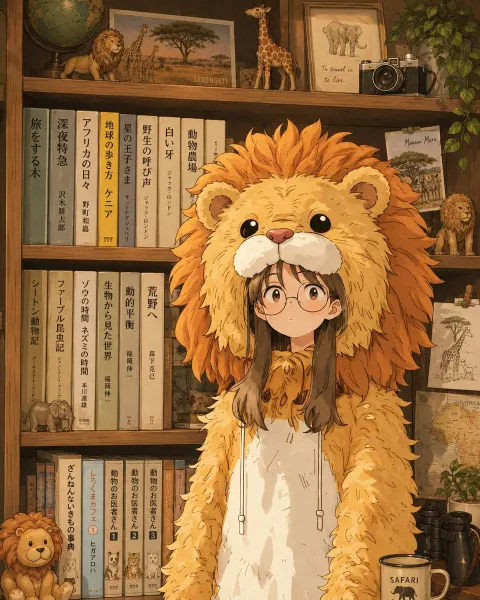 Lion Hoodie Girl in Cozy Study