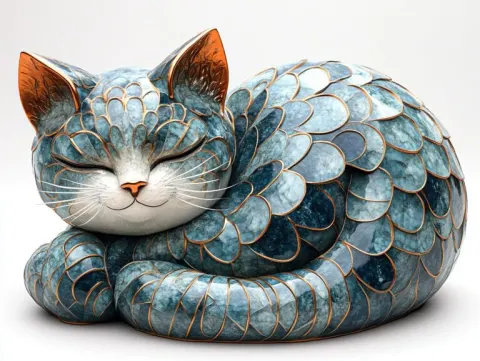 Blue Scaled Cat Figurine Gold Edges