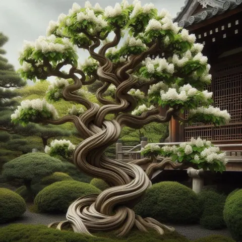 Chinese Fringetree in Bloom With Pagoda Backdrop
