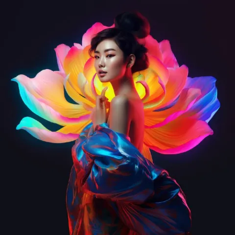 Asian Woman Holding Giant Neon Flower Surreal Art
