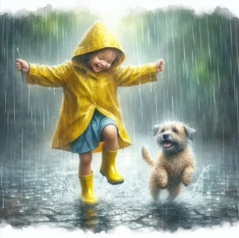 Girl in Yellow Raincoat Dancing in Rain With Dog