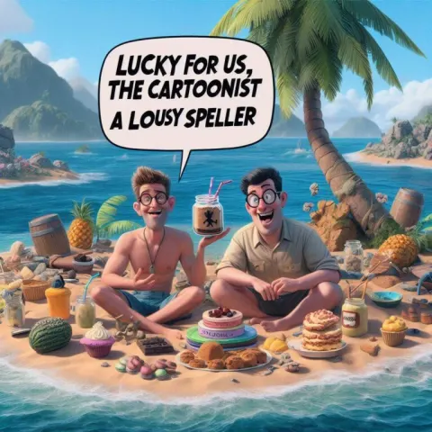 Two Castaways Surrounded by Desserts Cartoon