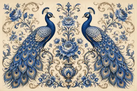 Vintage Blue Peacock Floral Art