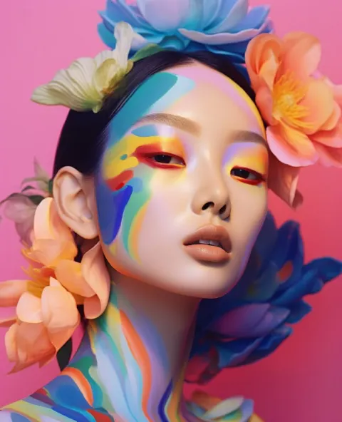 Woman With Floral Painted Face and Iridescent Makeup
