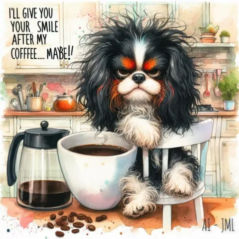 Grumpy Cavalier King Charles Caricature With Coffee