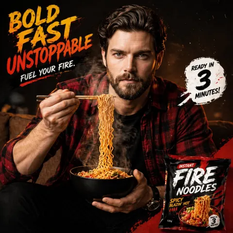 Red-Flannel Man Lifting Stretchy Noodles Dramatically