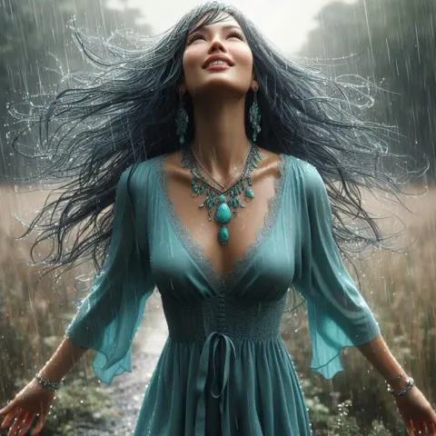 Woman in Aqua Dress Standing in Rainy Field
