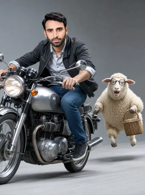 Retro Motorcycle Sheep Action Shot